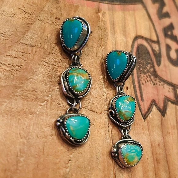 Chilean Triple Drop Turquoise and Sterling Silver Dangle Earrings